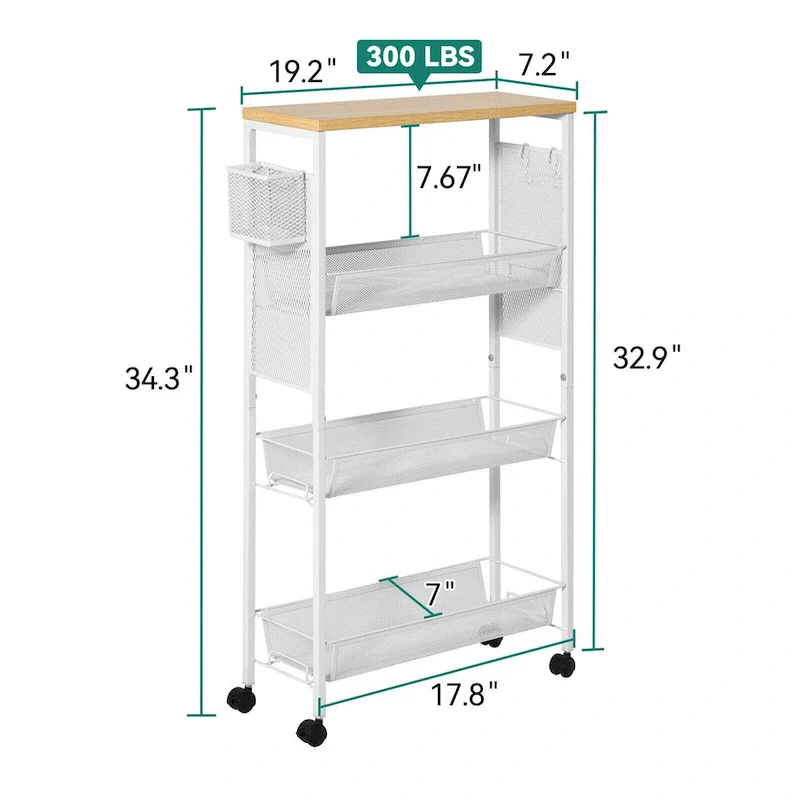 Kleio Wood Rolling Kitchen Cart with Wooden Tabletop and Mesh Baskets