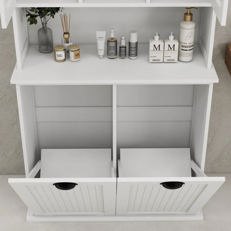 Two-Compartment Tilt-Out Dirty Laundry Basket Tall Bathroom Cabinet
