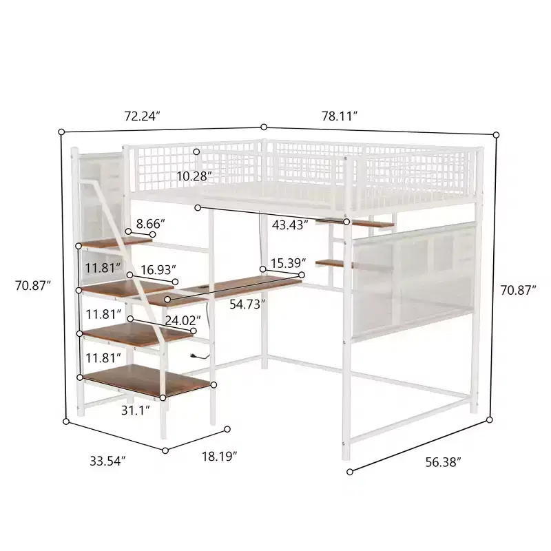 Luxystar Metal Loft Bed with built-in Desk, Storage shelves and lighting for bedroom and dorm,