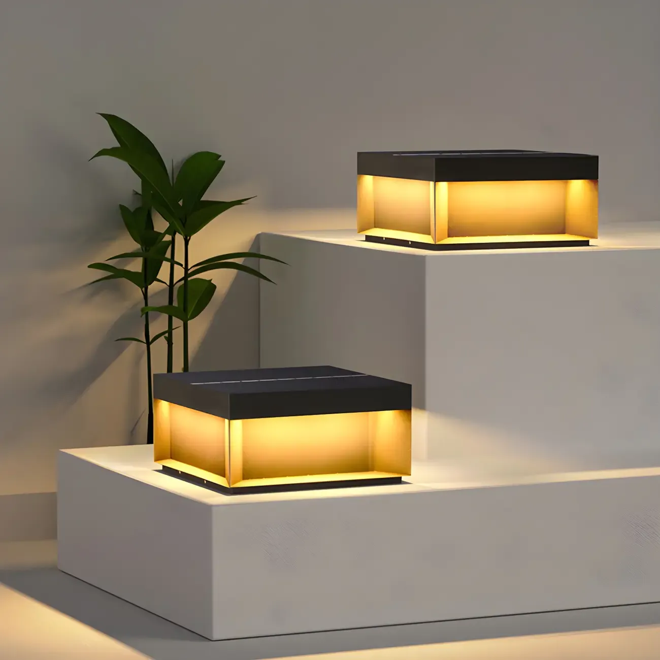 Black Square Solar Warm Light Outdoor Post Lights