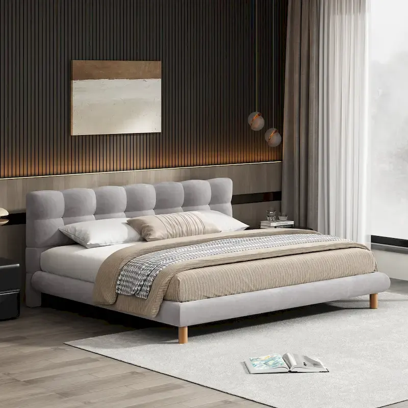 Grey Chenille Upholstered King Size Platform Bed with Round Cookie Headboard (Single)