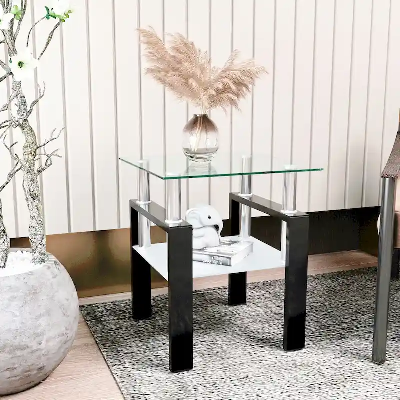 Square Tempered Glass Coffee Table with Metal Legs