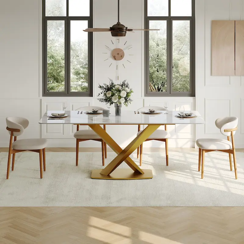 Modern Rectangular Dining table with Glossy Sintered Stone Table top, White Kitchen Table