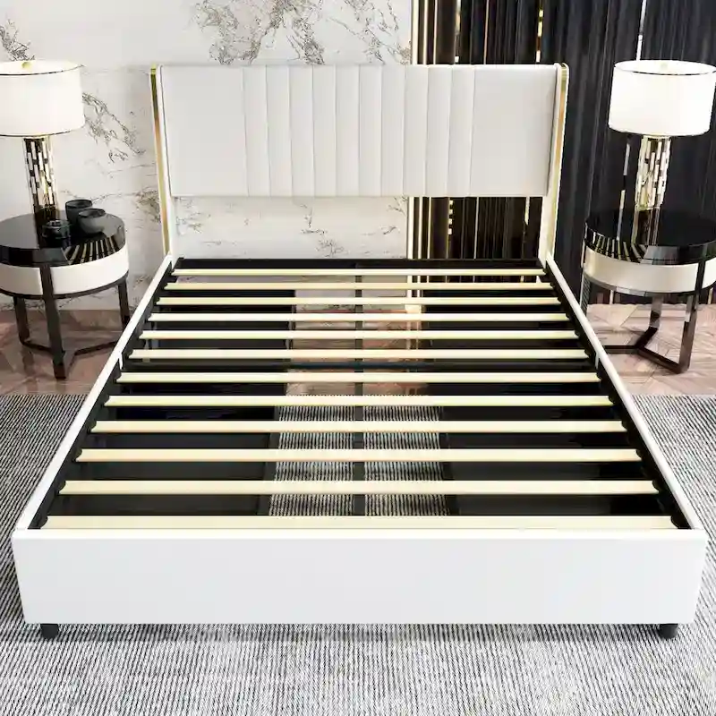 Modern Illuminated Bed Frame with Gold Trim - Chic Upholstered Design