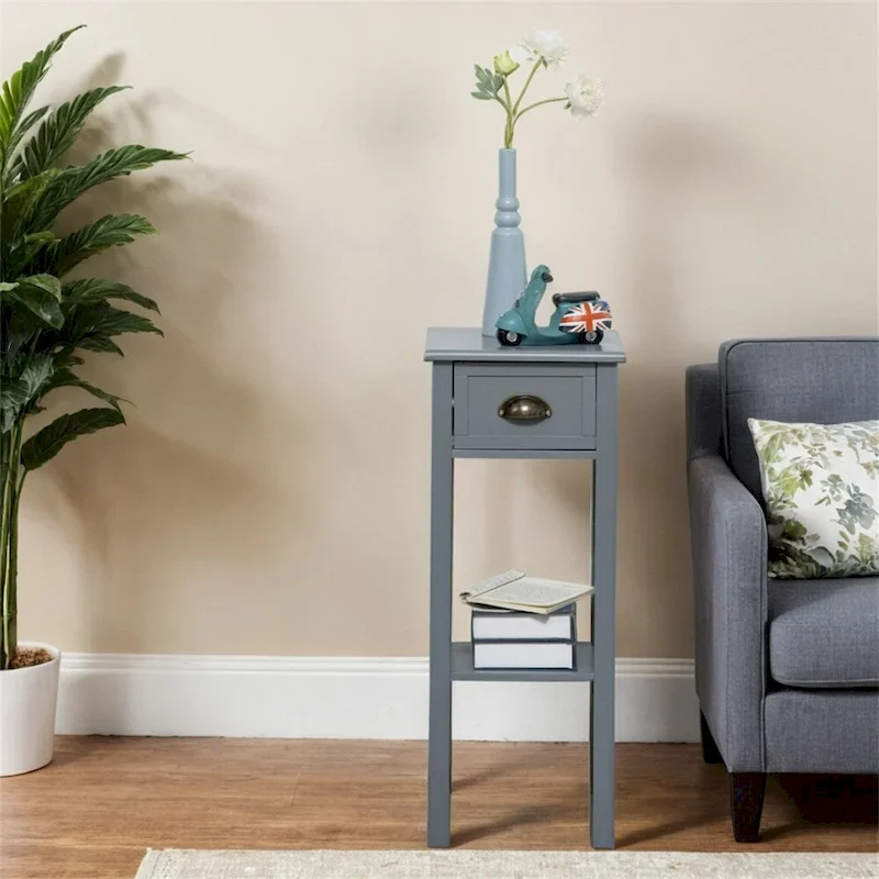 2-Tier Narrow Side Table with Drawer and Bottom Shelf