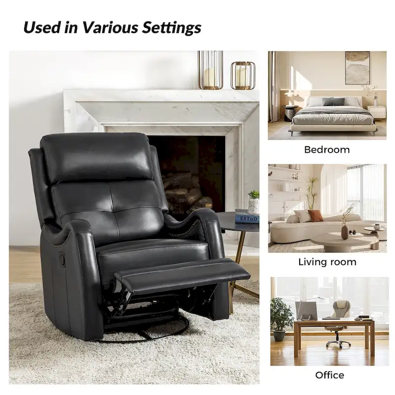 FrancoModern Genuine Leather Swivel Rocker Recliner with Nailhead Trims by HULALA HOME