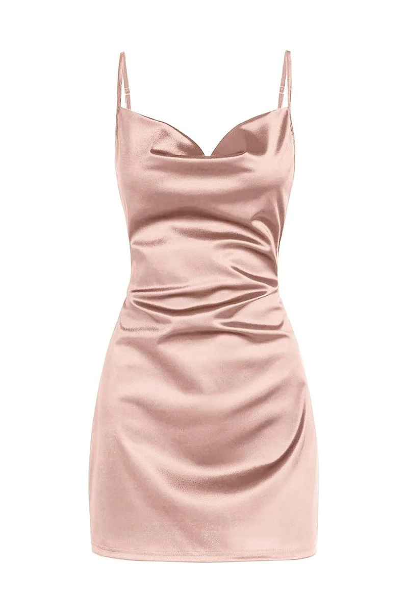 Simple Cowl Neck Champagne Satin Homecoming Dress