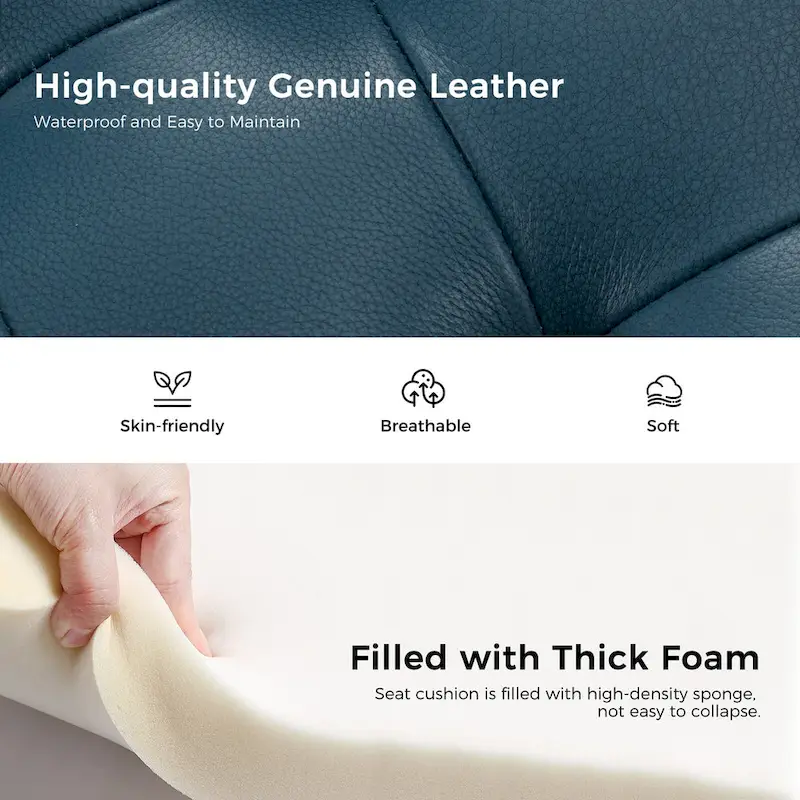 Genuine Leather Tufted Bench with Solid Wood Base