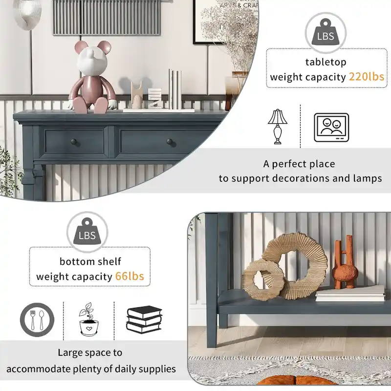 Retro Console Table with 3 Drawers and Bottom Shelf