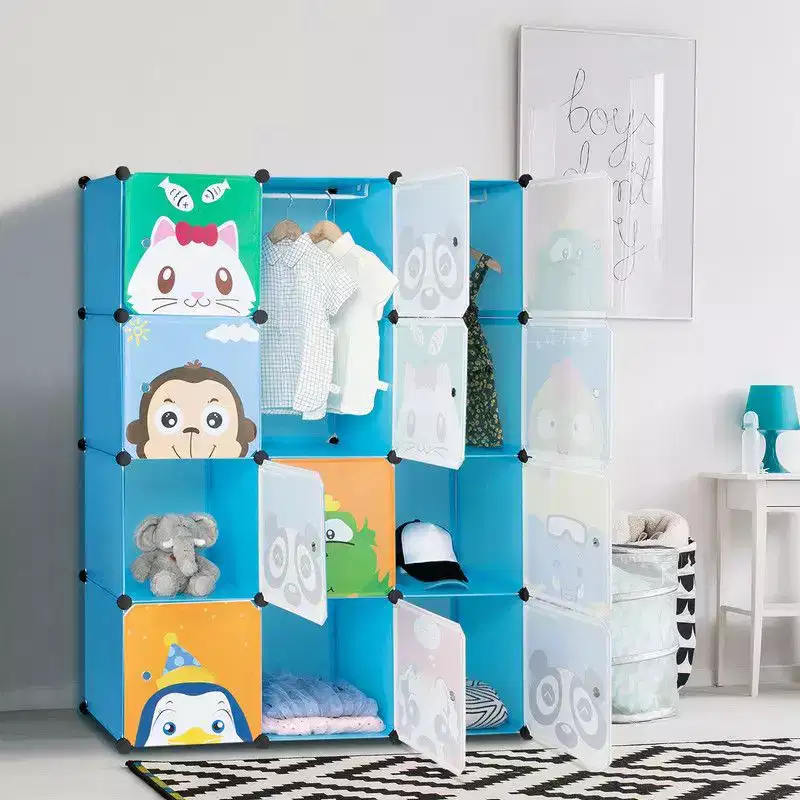 Karl Home 12-Cube Kids Closet Wardrobe with 2 Hanging Rods DIY Animal Pattern Modular Plastic Storage Organizer Blue