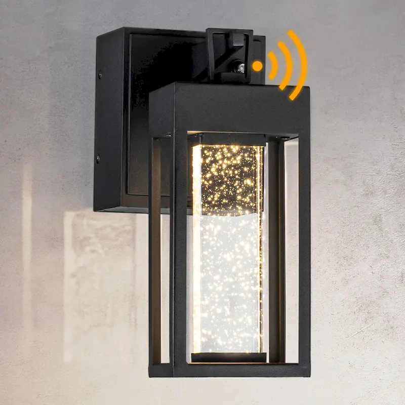 CraftHome Modern LED Outdoor Black Dusk to Dawn Sensor Wall Lantern Sconce with Seeded Glass and built-in GFCI Outlets