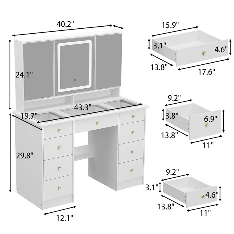 White Vanity Desk with Lights, 9 Drawers, Adjustable Mirror – 3 Colors, 1-Person
