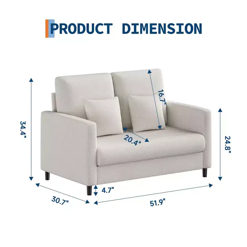 Mid Century Loveseat Sofa for Small Spaces 52, Solid Wood Frame, Tool-Free Assembly