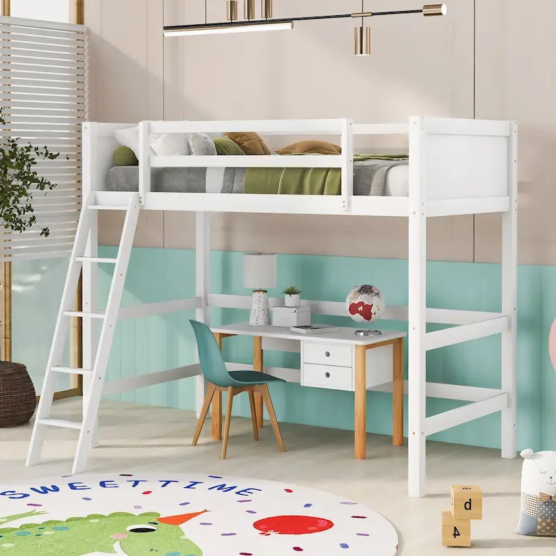 White Twin Metal Loft Bed with Built-in Desk and Storage Shelves