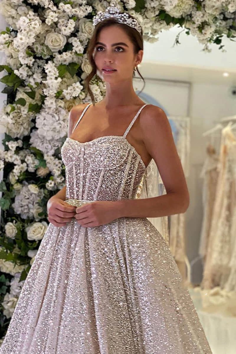 Spaghetti Straps Sequins A-line Sparkly Wedding Dress Bridal Gown