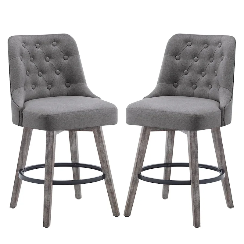 HOMYKA Tufted Swivel Bar Stool with Wood Grain Chair Legs Set of 2