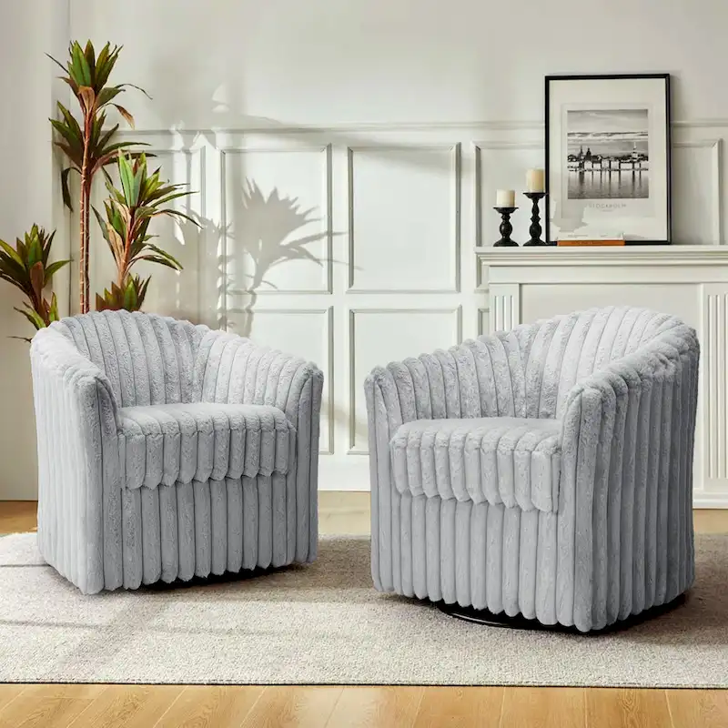 Faux Rabbit Fur Swivel Barrel Chairs - Set of 2