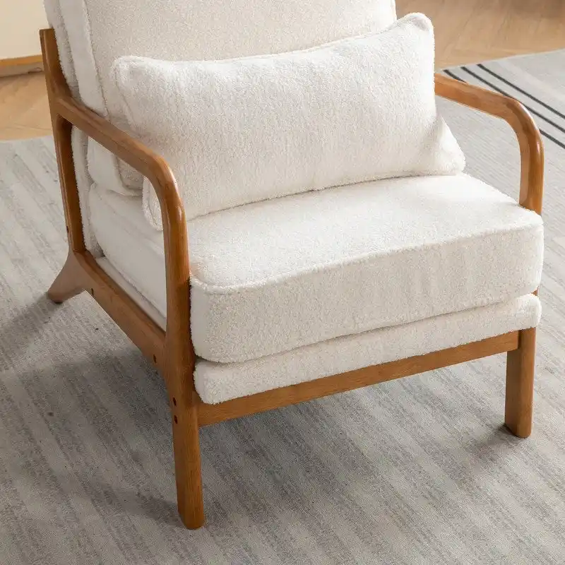 SEYNAR Mid Century Boucle Uplostered Soild Wood Accent Armchair with Pillow