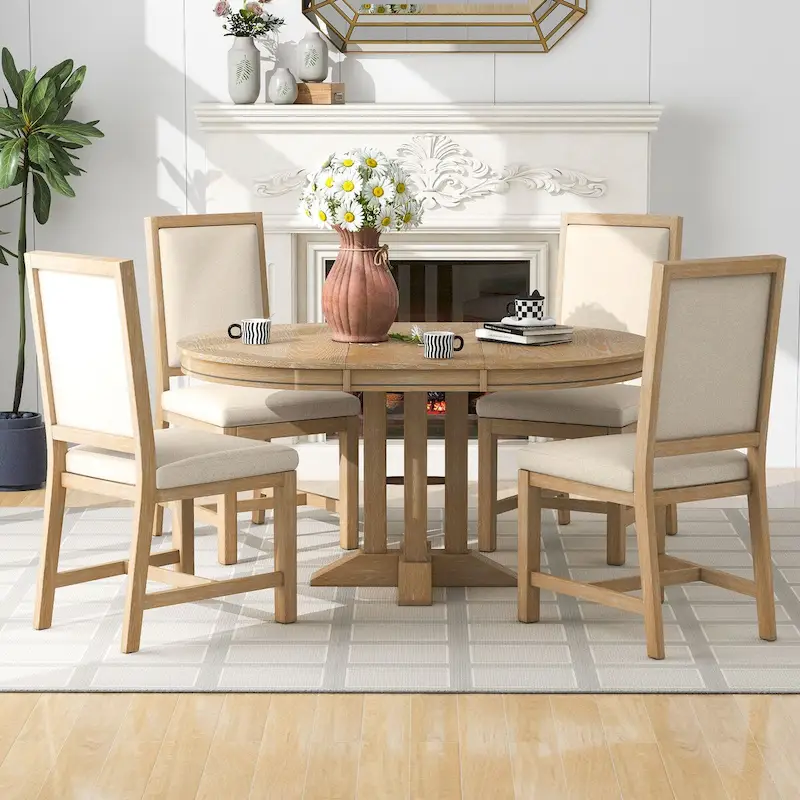 5-Piece Dining Set Extendable Round Table and 4 Upholstered Chairs Farmhouse Dining Set for Kitchen, Dining Room(Black)