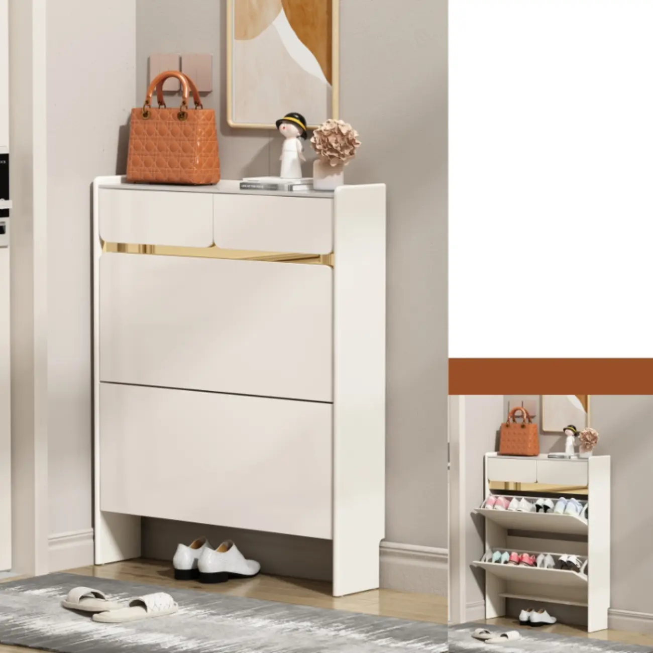 Entryway Glam White Wood Shoe Cabinet with Drawers