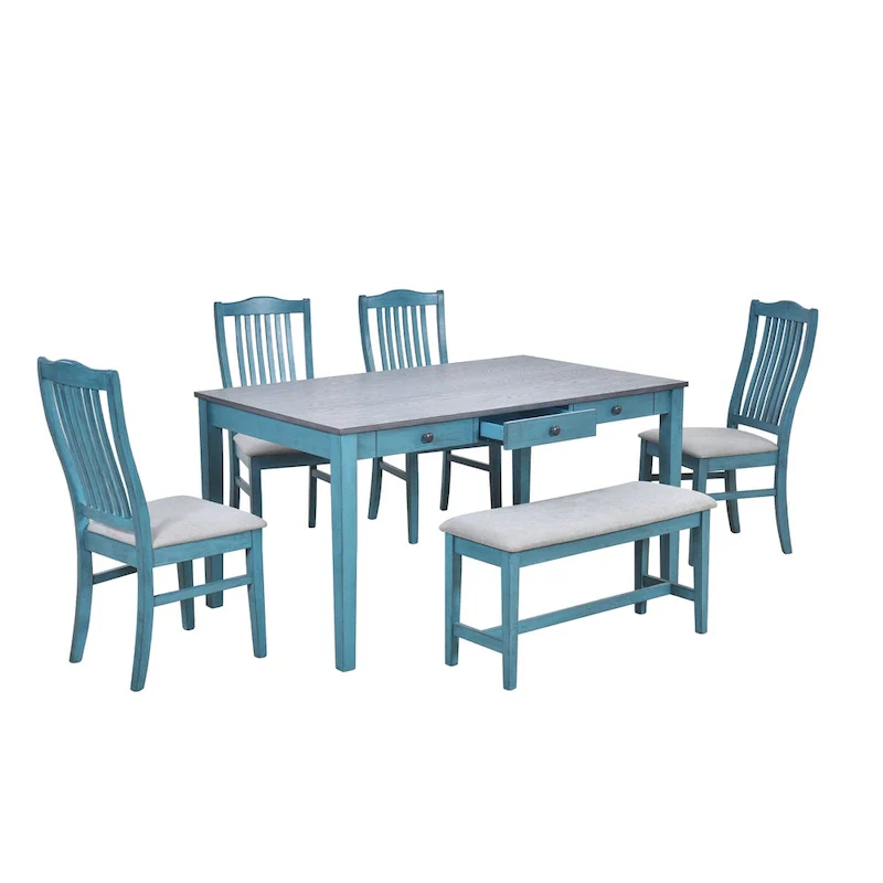 6-Piece Wooden Dining Table Set with 4 Chairs & Bench, Table with Drawer