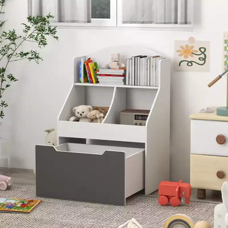 Qaba Kids Bookshelf, 3 Tier Bookcase, Toy Storage Organizer for Toddlers with Drawer for Playroom, Nursery, Bedroom, Classroom, White