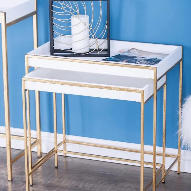 White Wood Geometric Nesting Console Table with Gold Metal Legs