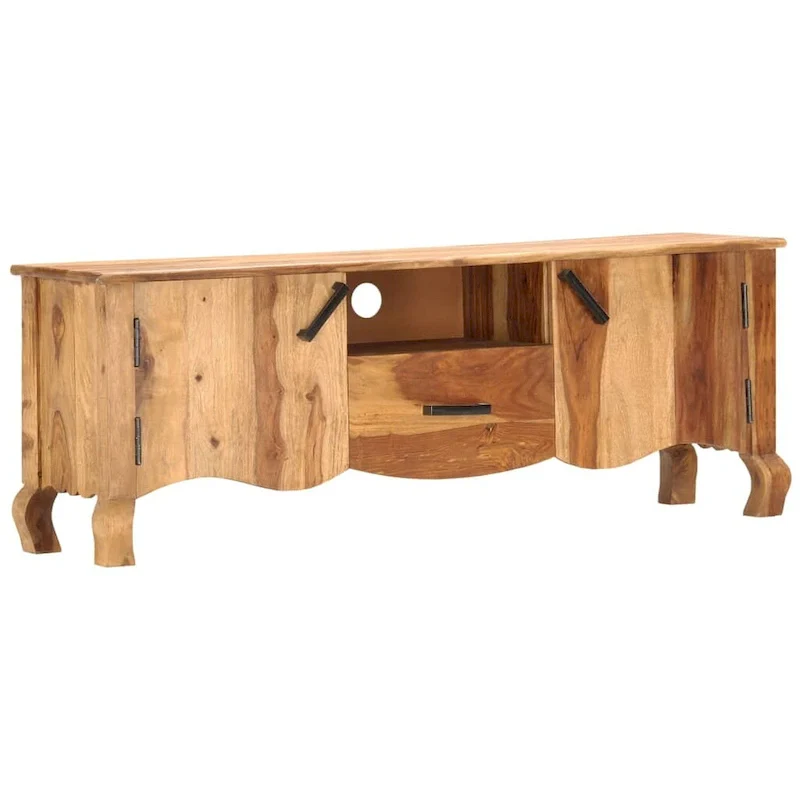 Solid Wood TV Stand, Brown, 2 Doors 1 Drawer, Mid-Century