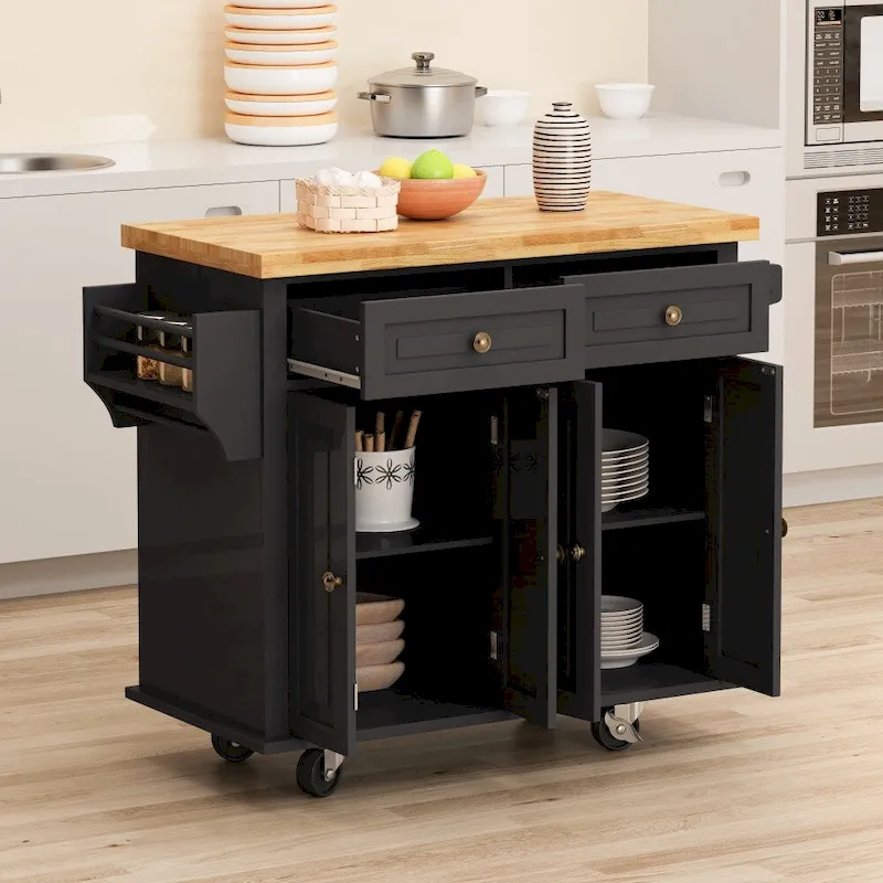 43.31 in. Kitchen Island Cart with 2 Cabinets and Spice Rack