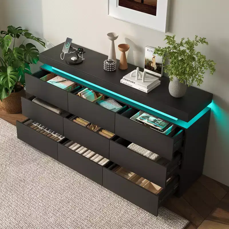 Dyonery modern 9-drawer dressing table - with storage cabinet and LED light, wide drawer cabinet and charging station, living room storage cabinet
