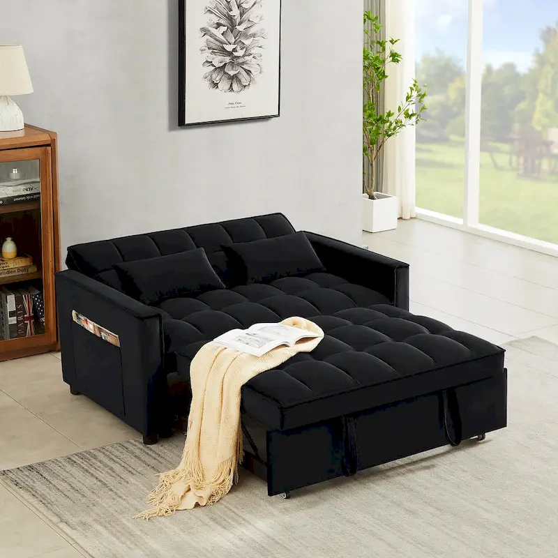 Velvet Convertible Loveseat Sleeper Sofa Couch with 2 Pillows