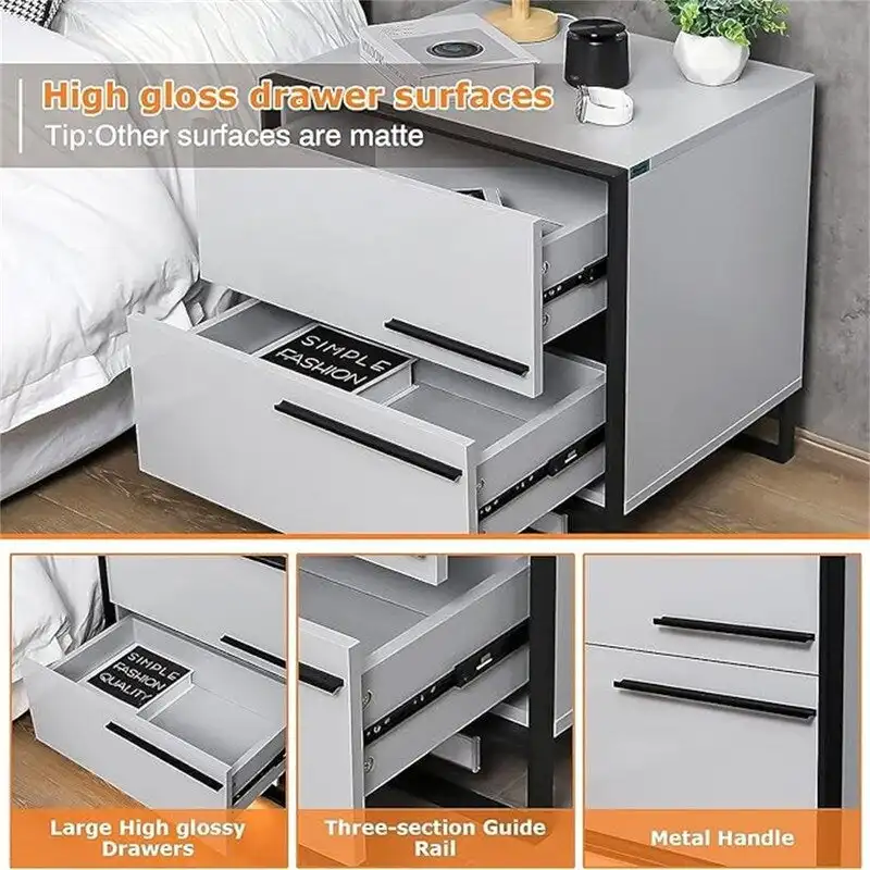 LED Nightstand with 2 High Gloss Drawers
