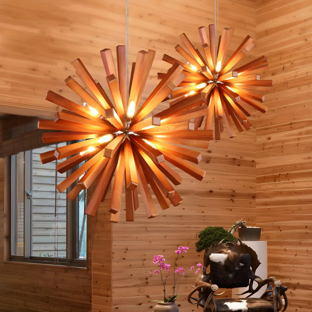 10-Light Modern Dark Wood Round Starburst Chandelier