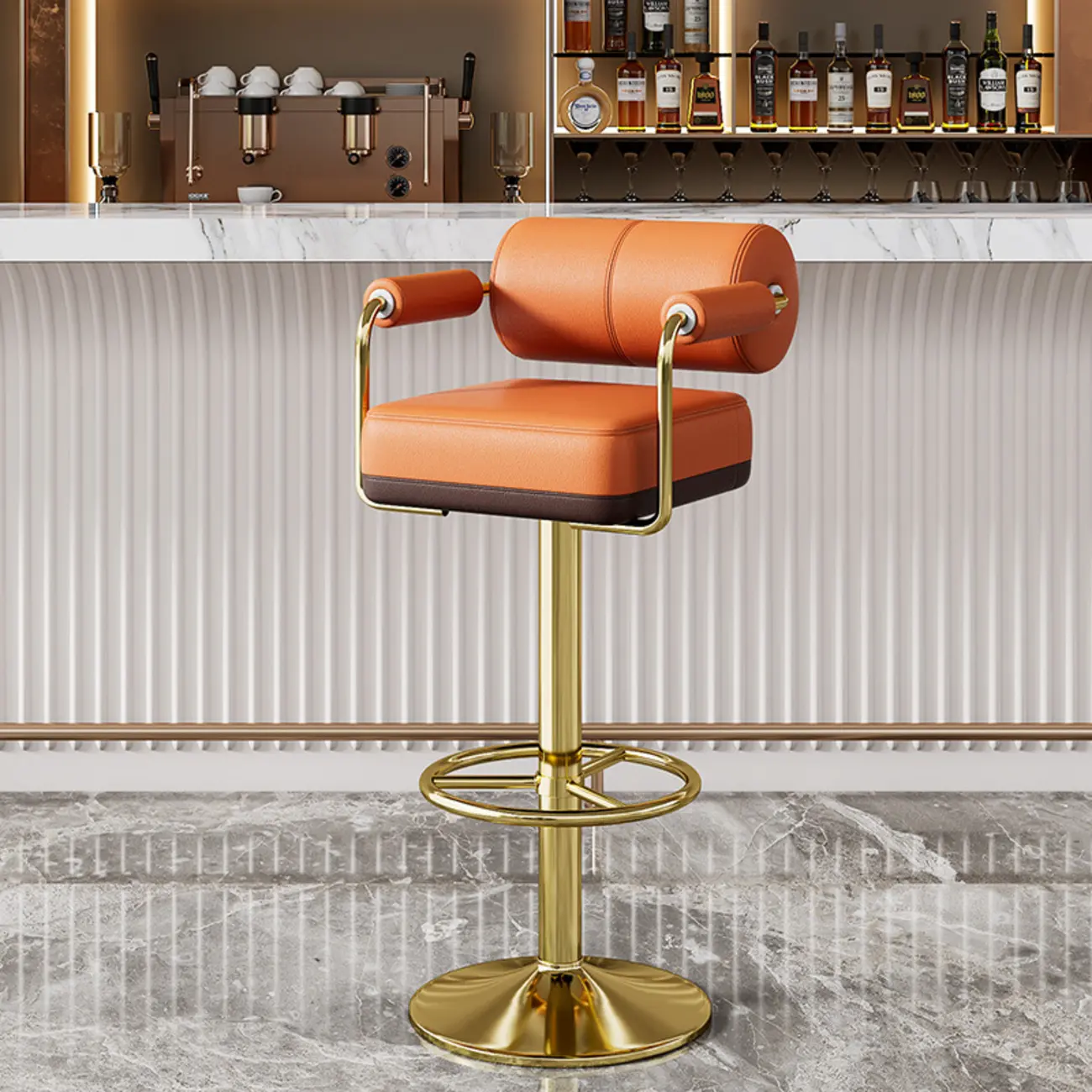 Square Adjustable Leather Gold Legs Swivel Bar Stools