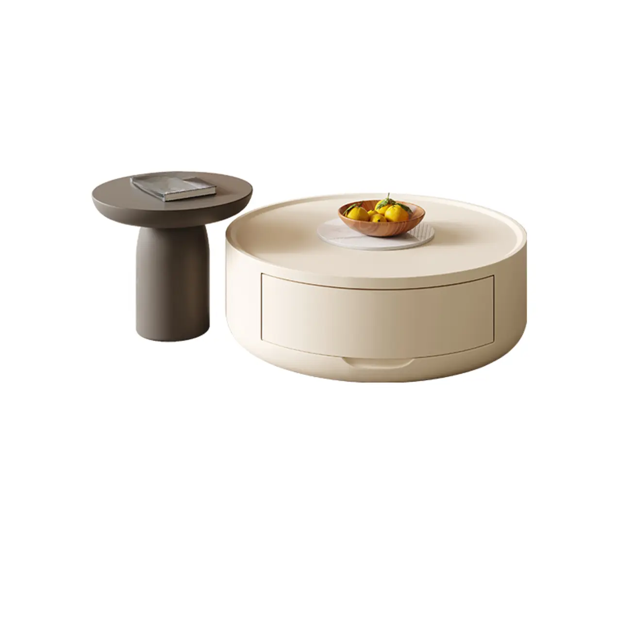 Modern White Round Coffee Table with Wood Base & Tray Top