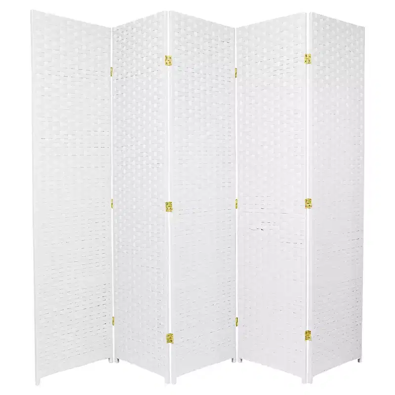 Oriental Furniture 6' Tall 5 Panel Woven Fiber Room Divider White: Hardwood Frame, No Assembly Required