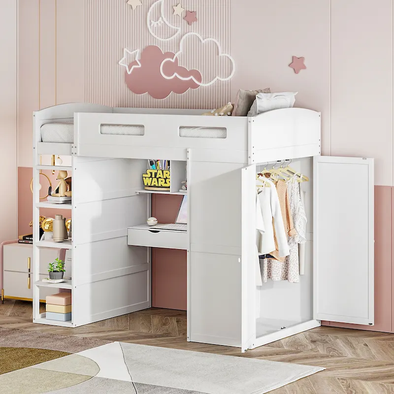 White/Grey Loft Bed with Desk, Wardrobe & Storage, Twin/Full, 1-Person