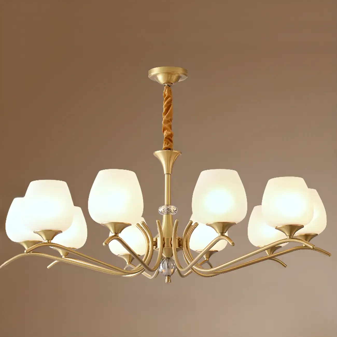 Mid-Century Modern White Glass Elegant Gold Chandelier