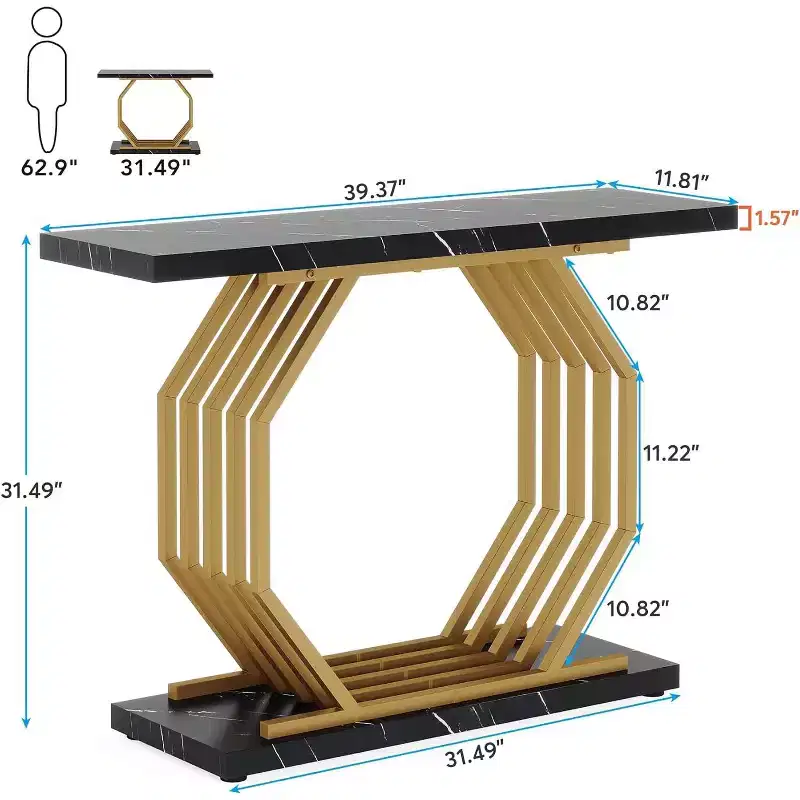 Lantine 40-Inch Gold Console Table, Faux Marble Entryway Narrow Sofa Table with Geometric Metal Base for Living Room, Hallway, Foyer, Black
