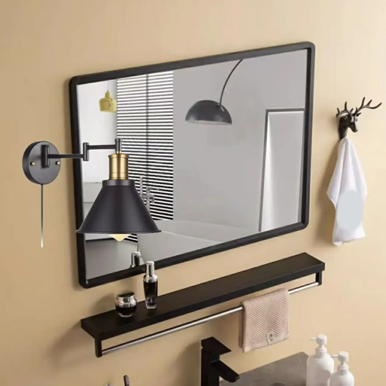 Washroom Stretchable Metal Cone Black Plug-In Vanity Light