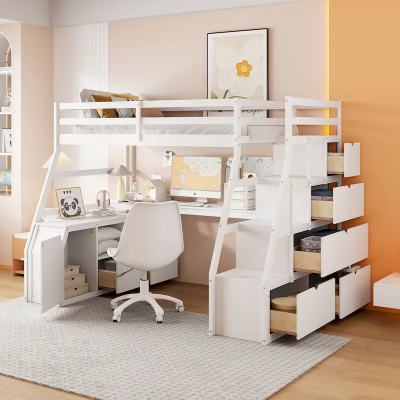 Full Pine Loft Bed with Desk and Storage