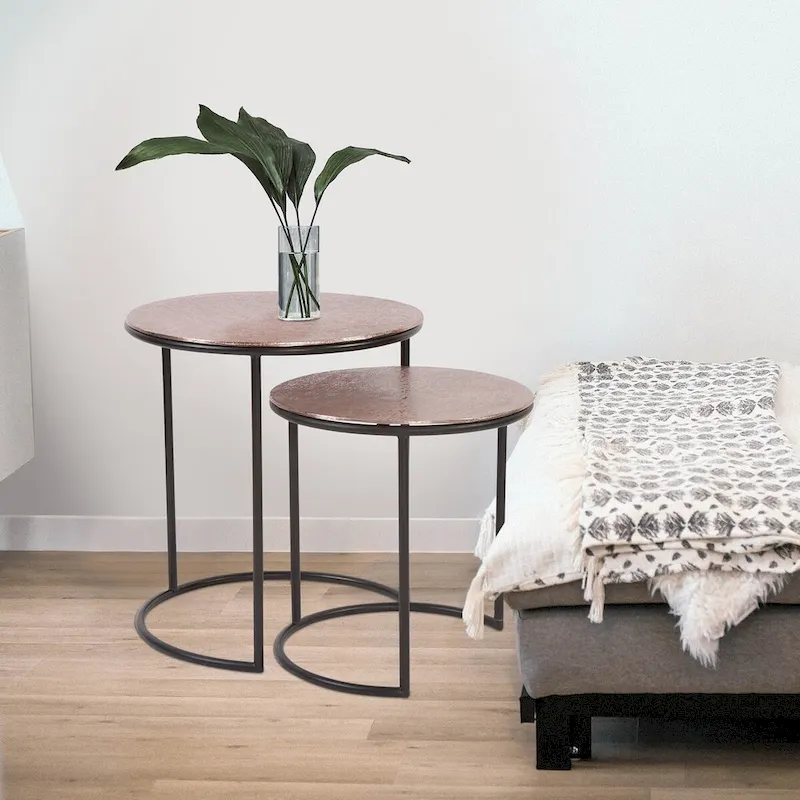 Round Copper Metal Nesting Accent Table Set