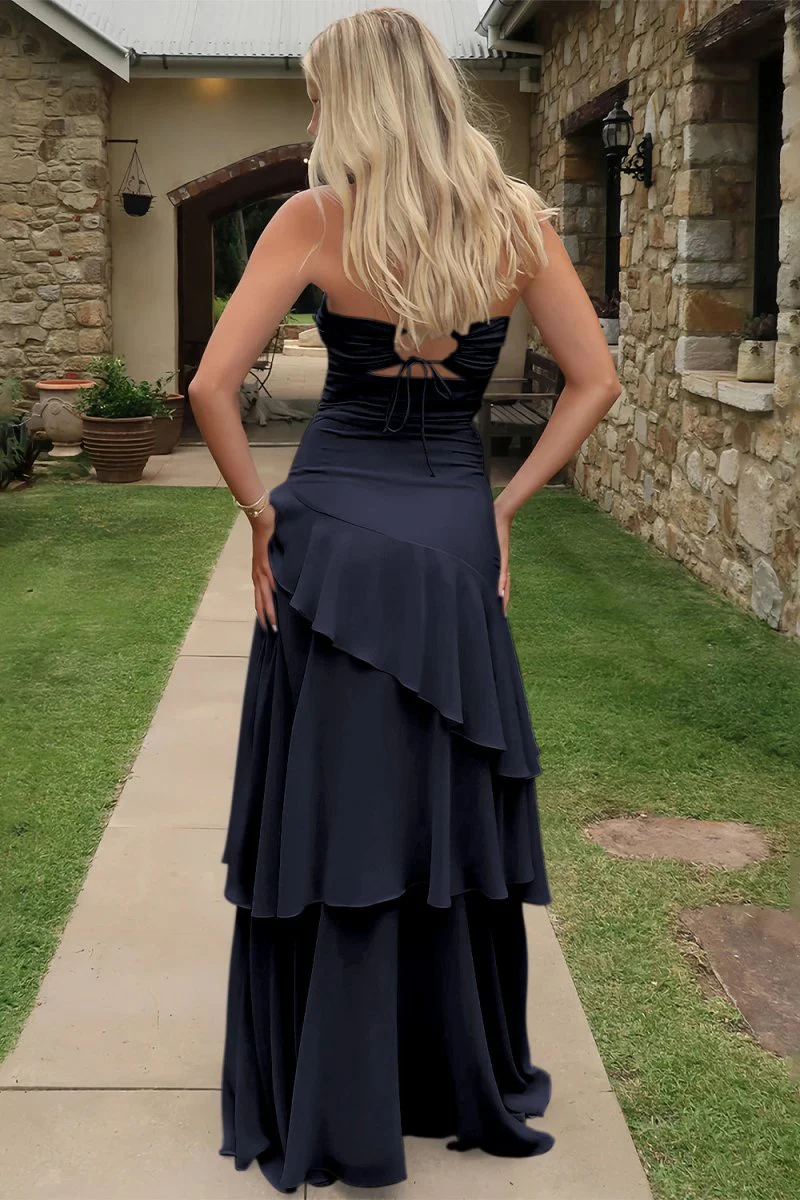 Blue - Sheath Strapless Chiffon Long Prom Dresses With Ruffles