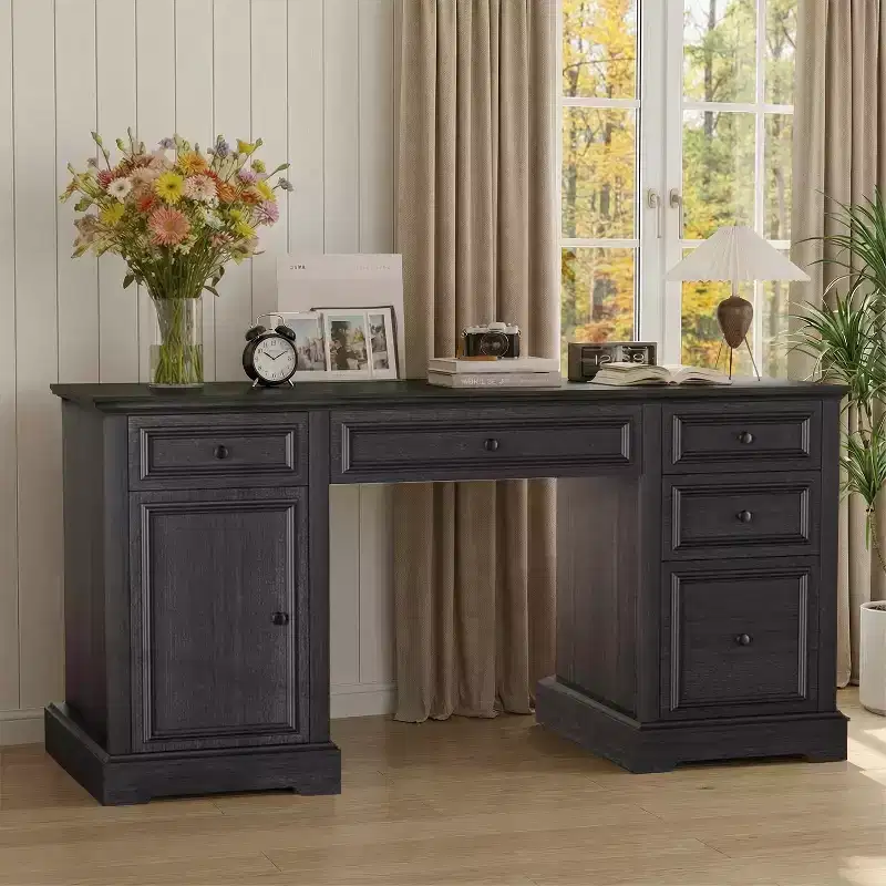 Dyonery 60 Farmhouse Executive Desk for Home Office - Wooden Writing Desk with Drawers, Cabinet Storage,Rustic Home Office Desk for Work Study