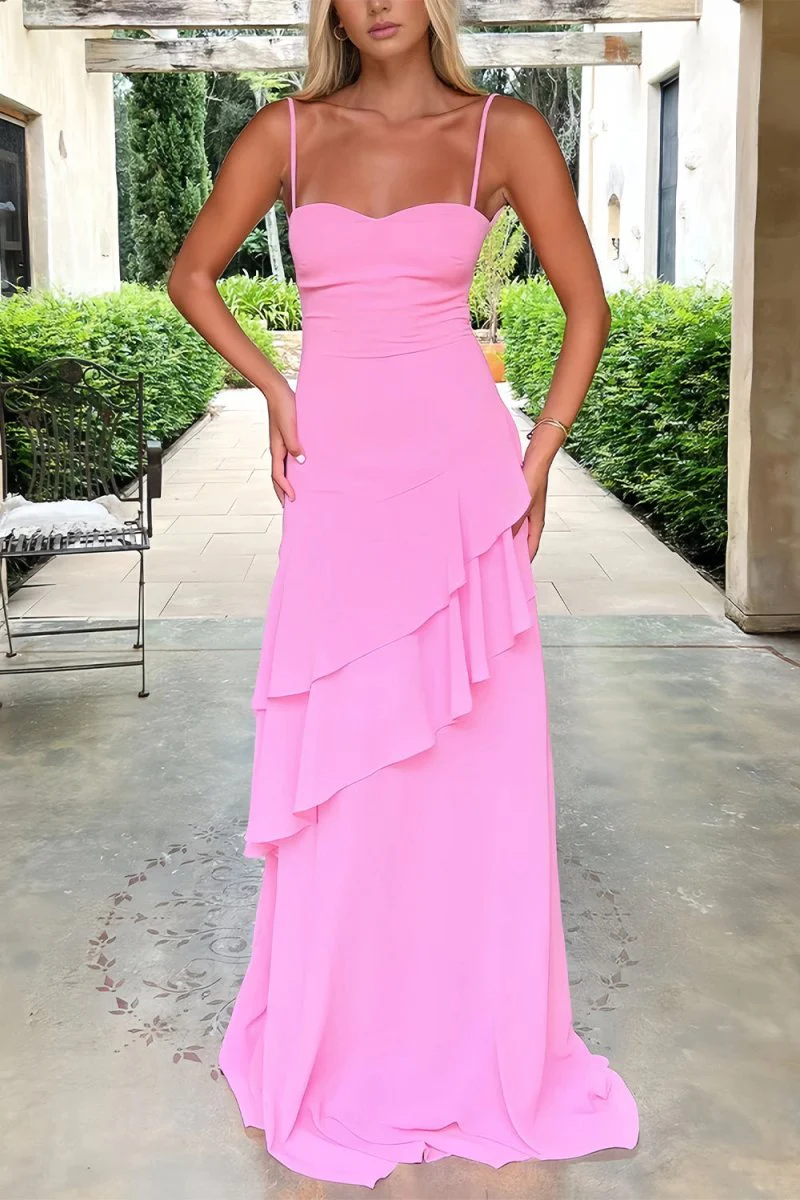 Red - Sheath Spaghetti Straps Chiffon Long Prom Dresses with Ruffles