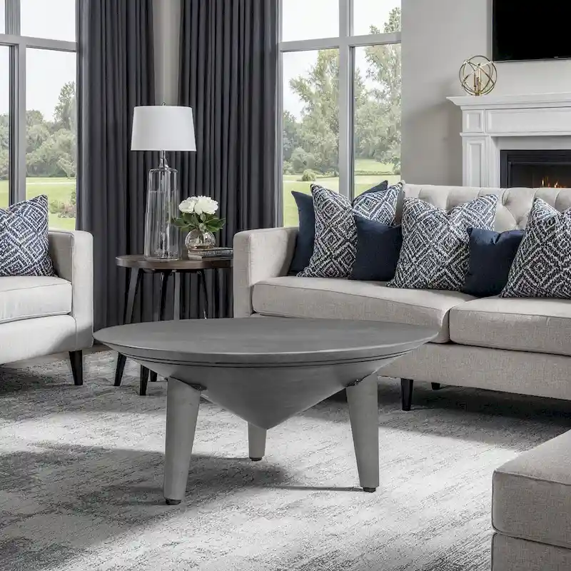 Venus 28 Inch Coffee Table with 3 Tapered Splayed Legs, Gray Mango Wood