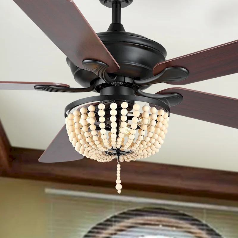 Quinn 52  3-Light Rustic Farmhouse Iron/Wood Bead Mobile-App/Remote-Controlled LED Ceiling Fan, by JONATHAN Y
