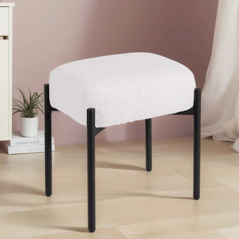 Round Teddy Velvet Vanity Stool – White / Black / Pink, Single Seat