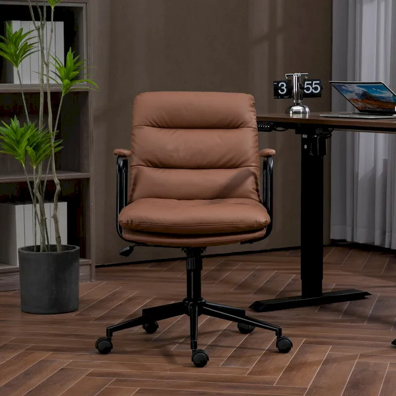 Black / Brown Mid-Back PU Leather Swivel Office Chair with Arms, Wheels & Reclining Back – 1-Person