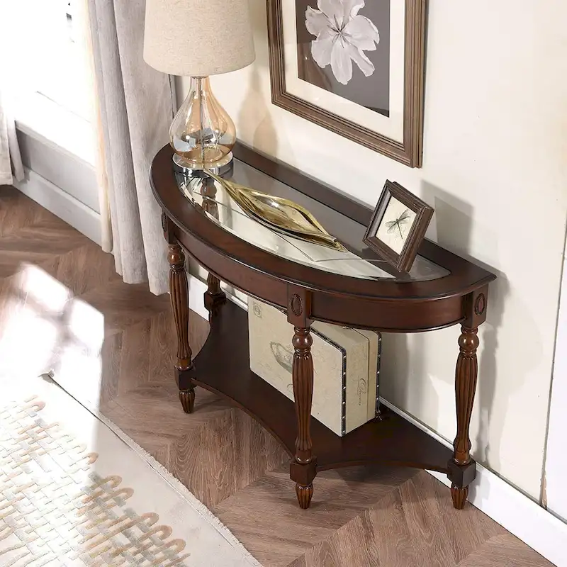 Solid Wood End Tables Coffee Tables Console Table with Glass Top